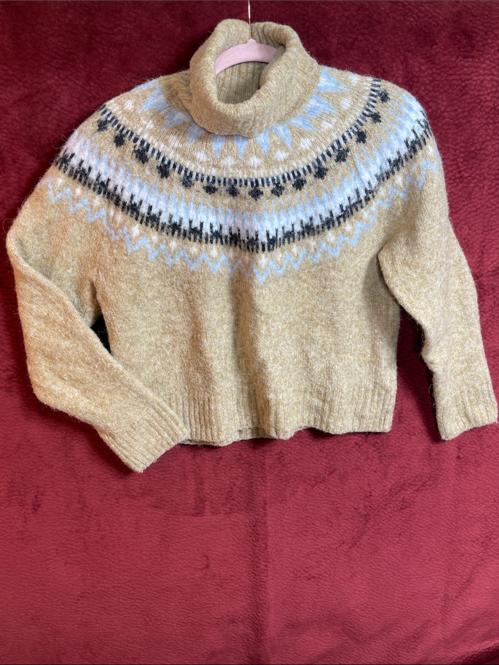 ❤️ H&M Alpaca Blend Tan Cropped Turtleneck Sweater with Pale Blue Design, S